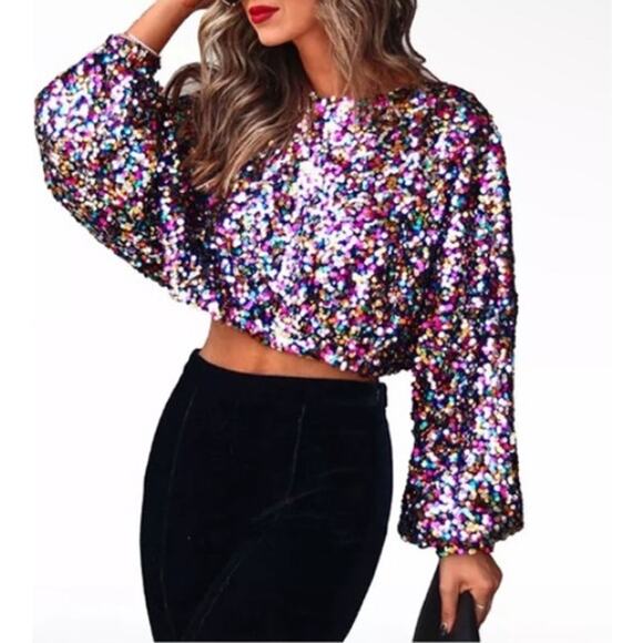 NWT En Creme Multi Color Rainbow Rubina Confetti Sequin Cropped Top - Picture 14 of 14